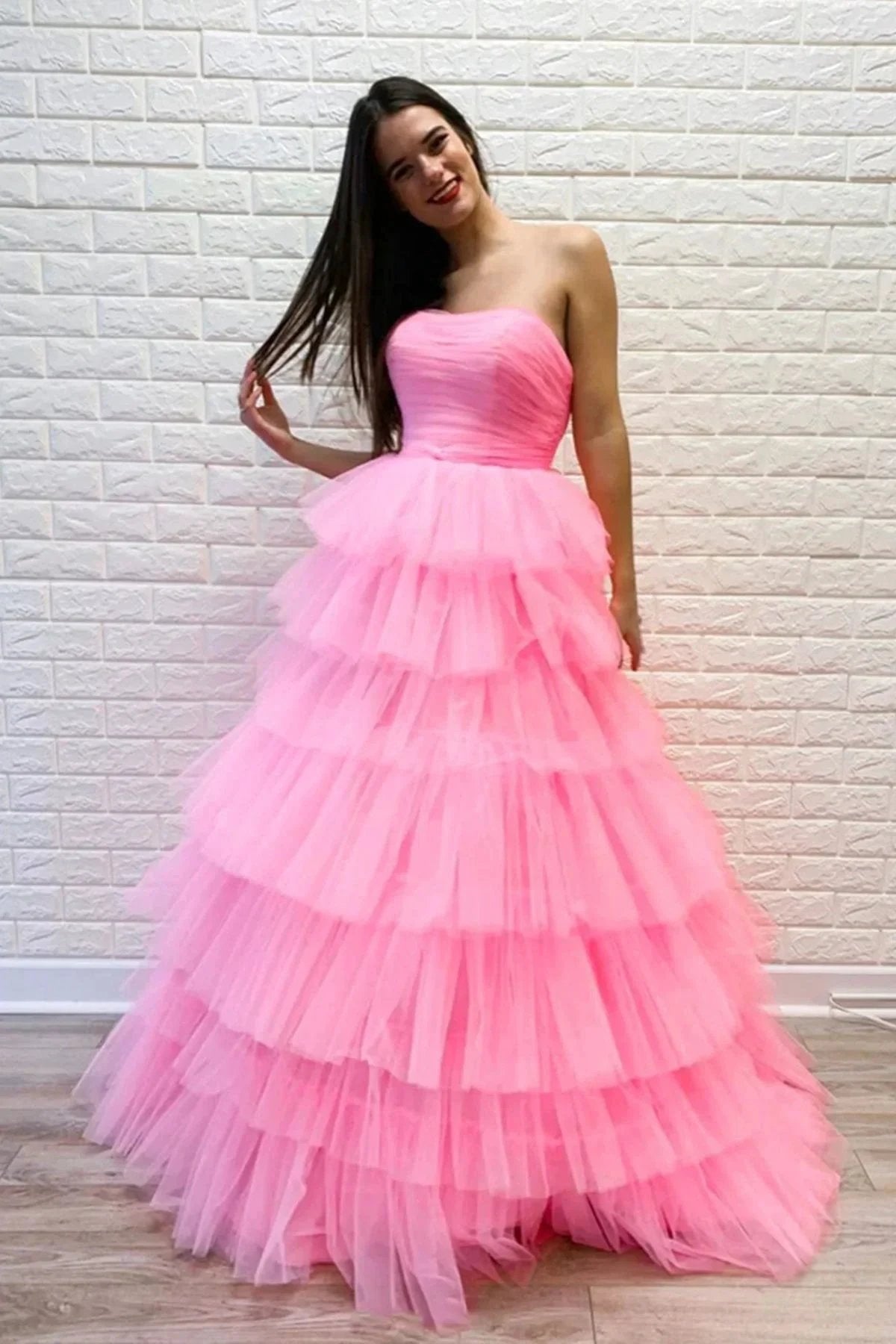 Gorgeous Long A-line Strapless Layered Tulle Prom Dress Pink Formal Evening Dresses by BIZTUNNEL