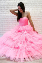 Gorgeous Long A-line Strapless Layered Tulle Prom Dress Pink Formal Evening Dresses by BIZTUNNEL