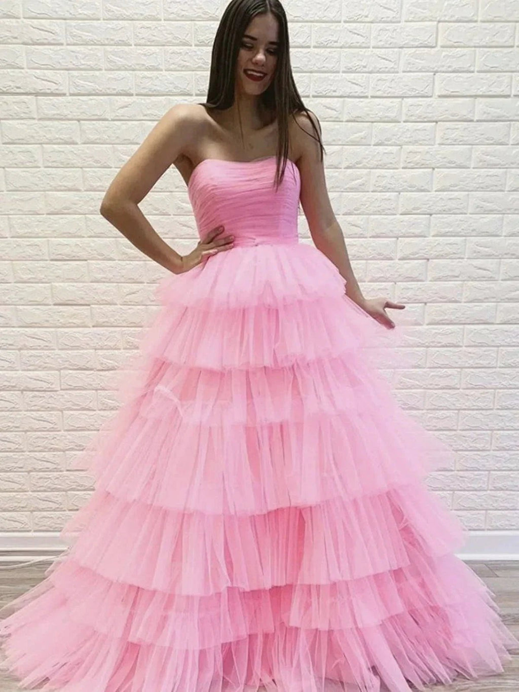 Gorgeous Long A-line Strapless Layered Tulle Prom Dress Pink Formal Evening Dresses by BIZTUNNEL