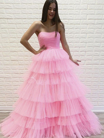 Wunderschönes langes trägerloses A-Linien-Ballkleid aus Tüll mit mehreren Lagen in Rosa