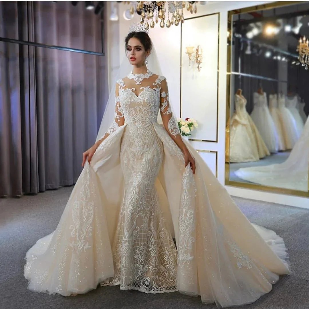 Gorgeous Long A-Line Sweetheart Appliques Lace Wedding Dress with Sleeves by BIZTUNNEL