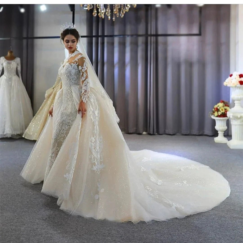 Gorgeous Long A-Line Sweetheart Appliques Lace Wedding Dress with Sleeves by BIZTUNNEL