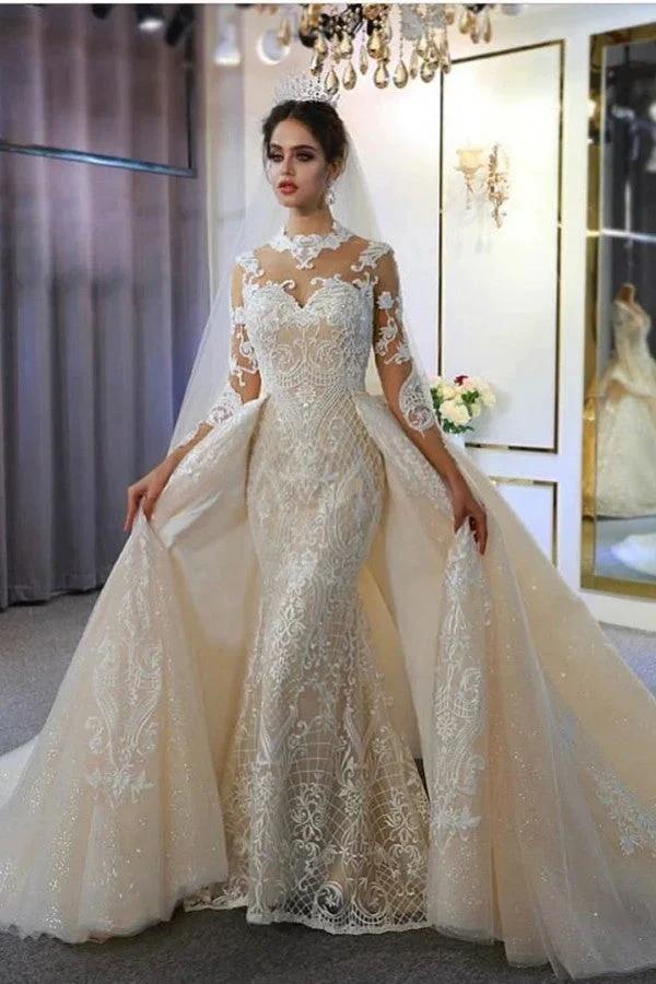 Gorgeous Long A-Line Sweetheart Appliques Lace Wedding Dress with Sleeves by BIZTUNNEL