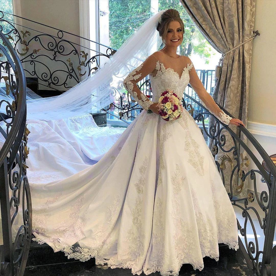 Gorgeous Long A-line Sweetheart Satin Lace Tulle Wedding Dress with sleeves by BIZTUNNEL