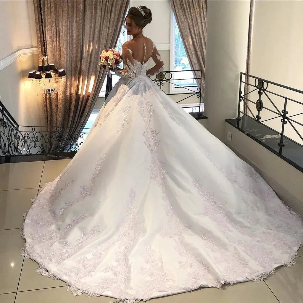 Gorgeous Long A-line Sweetheart Satin Lace Tulle Wedding Dress with sleeves by BIZTUNNEL