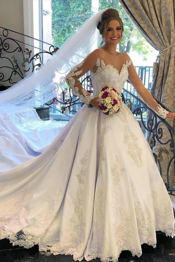 Gorgeous Long A-line Sweetheart Satin Lace Tulle Wedding Dress with sleeves by BIZTUNNEL