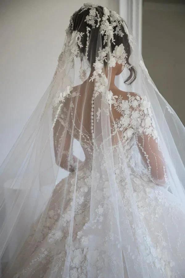 Gorgeous Long A-line Sweetheart Tulle Lace Open Back Wedding Dress with sleeves by BIZTUNNEL