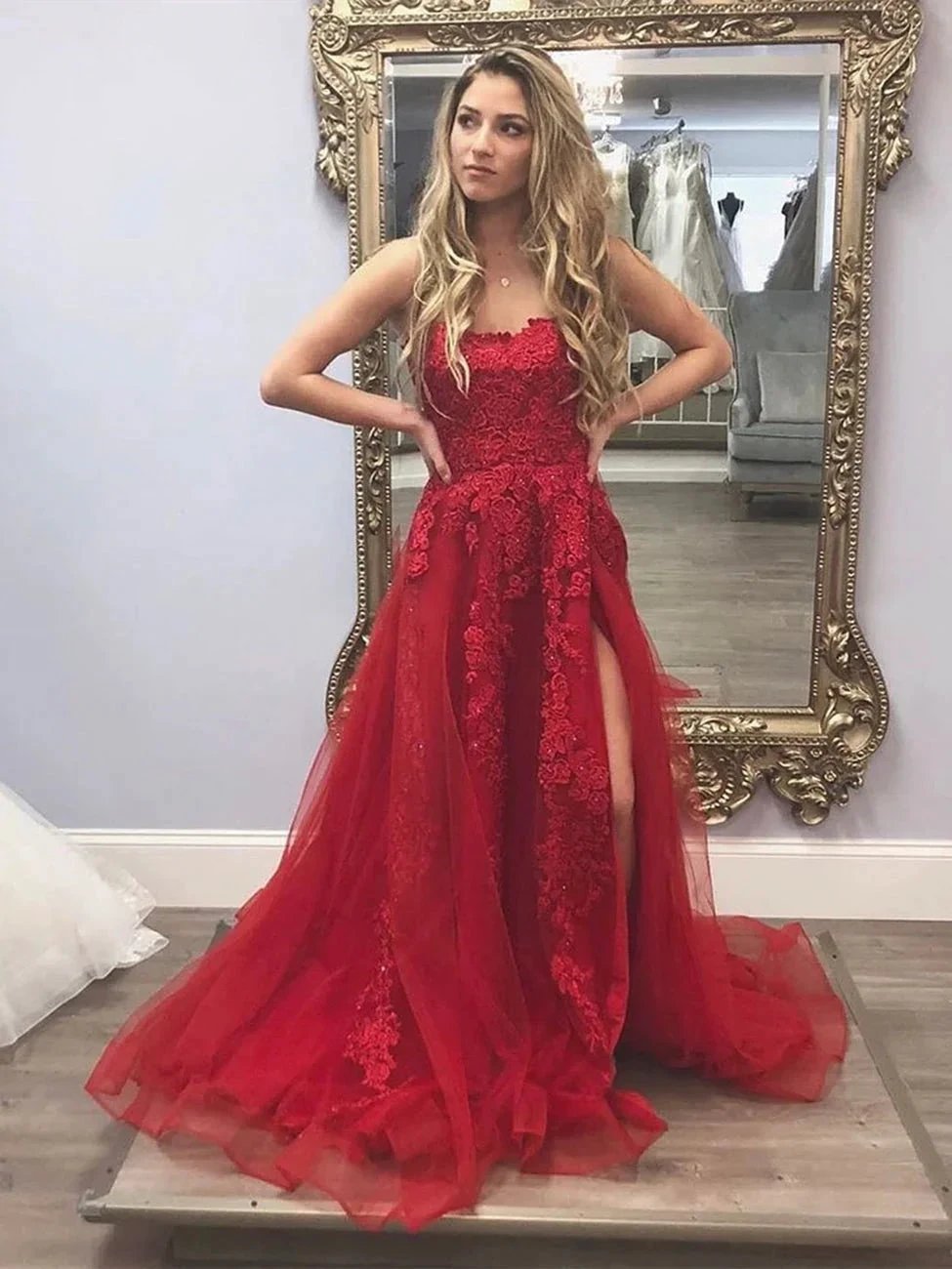 Gorgeous Long A-line Tulle Appliques Lace Prom Dresses with High Slit by BIZTUNNEL