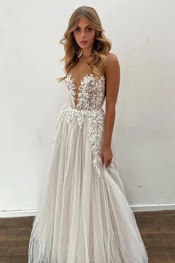 Gorgeous Long A-line Tulle Appliques Lace Wedding Dress by BIZTUNNEL