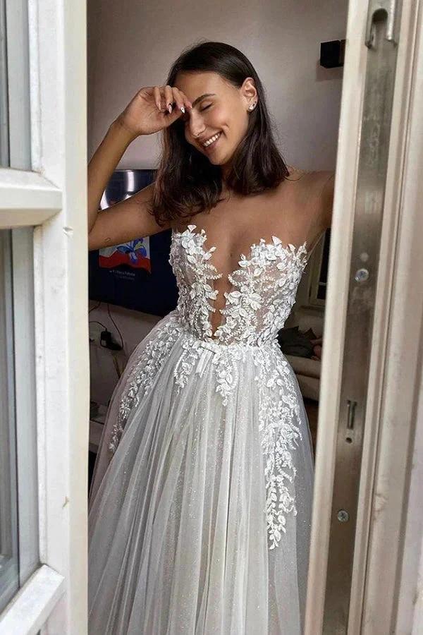 Gorgeous Long A-line Tulle Appliques Lace Wedding Dress by BIZTUNNEL