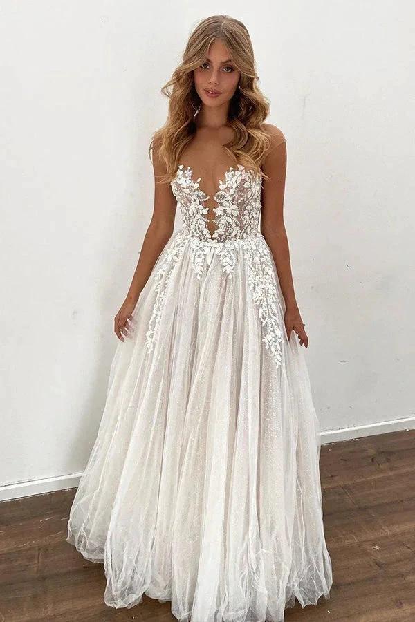 Gorgeous Long A-line Tulle Appliques Lace Wedding Dress by BIZTUNNEL
