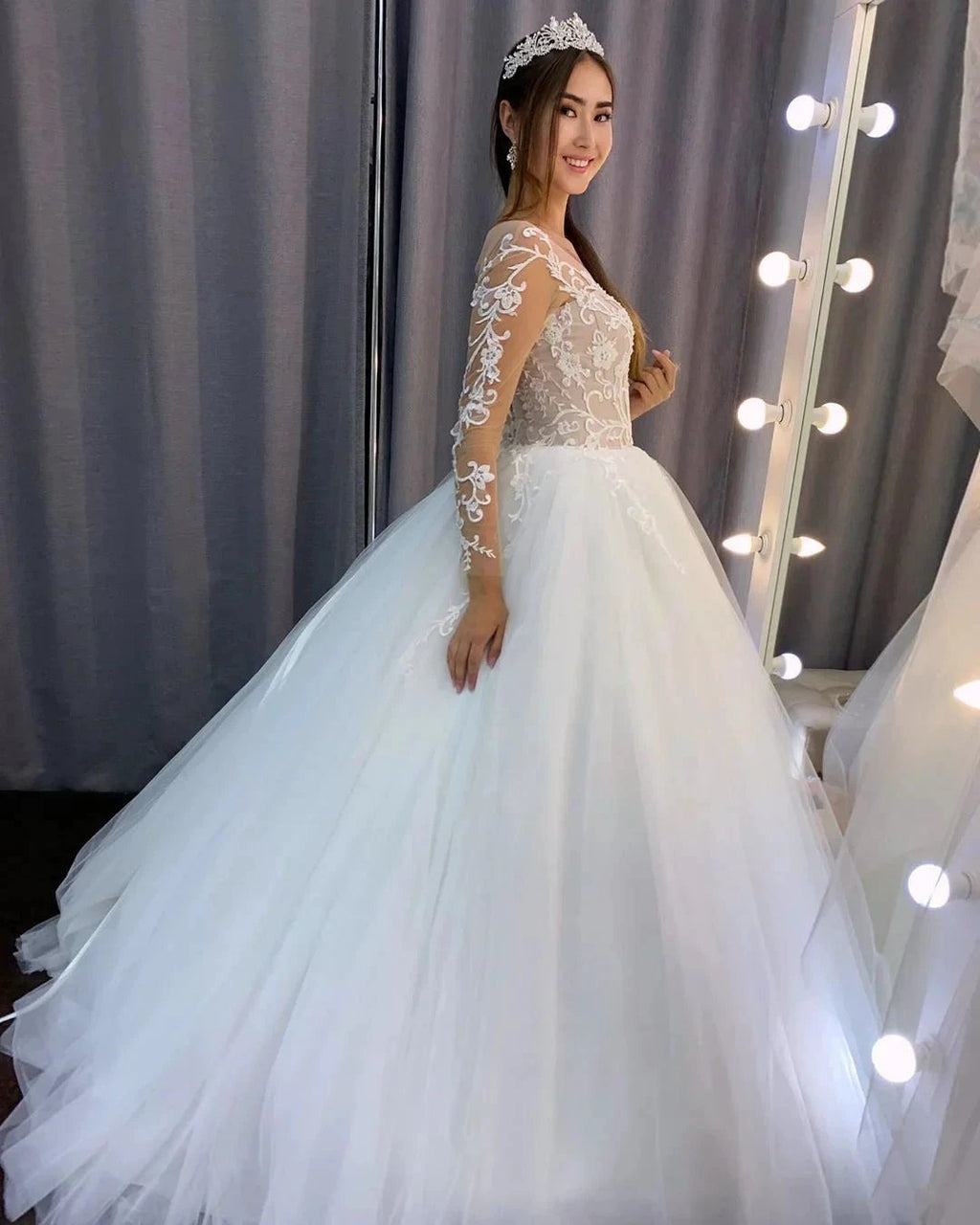 Gorgeous Long A-line Tulle Lace Wedding Dress with Sleeves by BIZTUNNEL