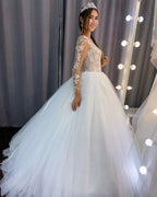 Gorgeous Long A-line Tulle Lace Wedding Dress with Sleeves by BIZTUNNEL