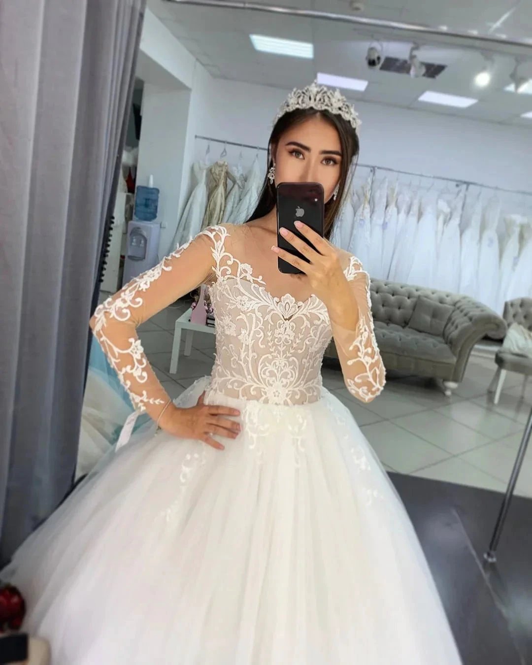 Gorgeous Long A-line Tulle Lace Wedding Dress with Sleeves by BIZTUNNEL