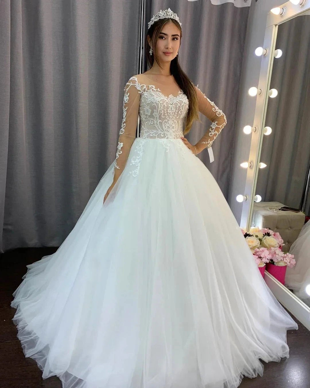 Gorgeous Long A-line Tulle Lace Wedding Dress with Sleeves by BIZTUNNEL