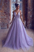 Gorgeous Long A-Line Tulle V-neck Appliques Lace Backless Prom Dress by BIZTUNNEL