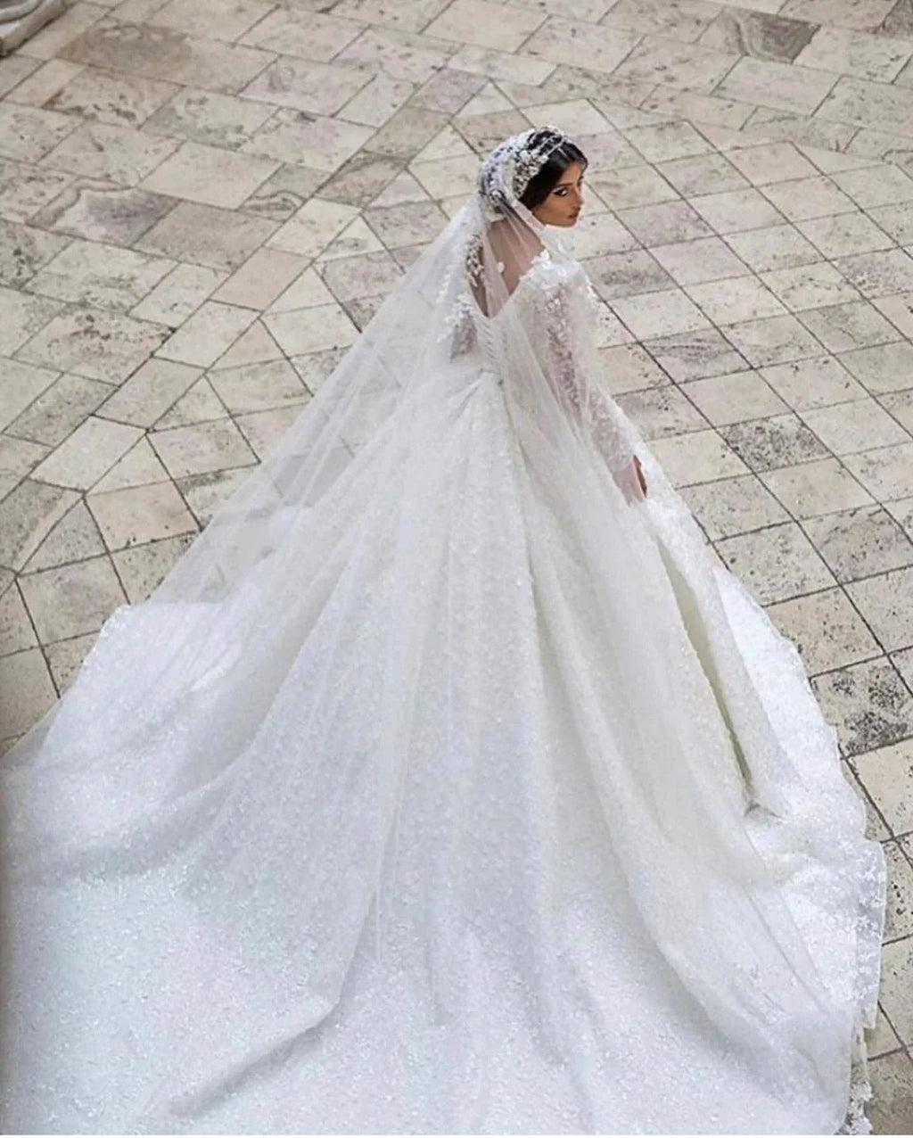 Gorgeous Long A-Line V-neck Appliques Lace Wedding Dress with Sleeves by BIZTUNNEL