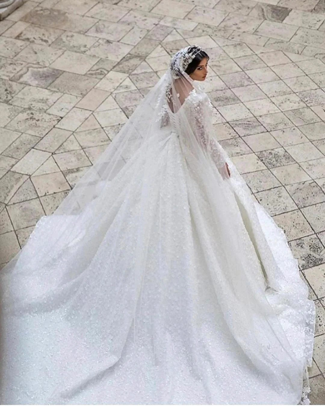 Gorgeous Long A-Line V-neck Appliques Lace Wedding Dress with Sleeves by BIZTUNNEL