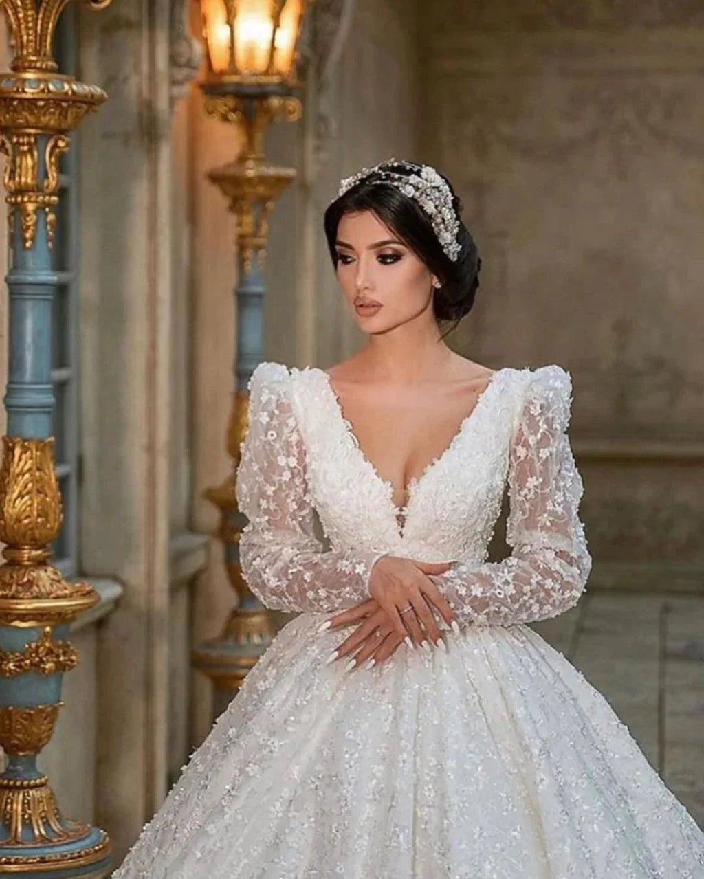 Gorgeous Long A-Line V-neck Appliques Lace Wedding Dress with Sleeves by BIZTUNNEL