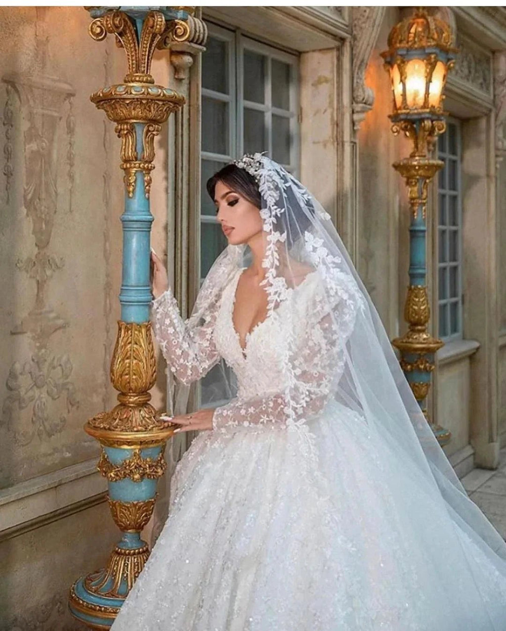 Gorgeous Long A-Line V-neck Appliques Lace Wedding Dress with Sleeves by BIZTUNNEL