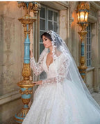 Gorgeous Long A-Line V-neck Appliques Lace Wedding Dress with Sleeves by BIZTUNNEL