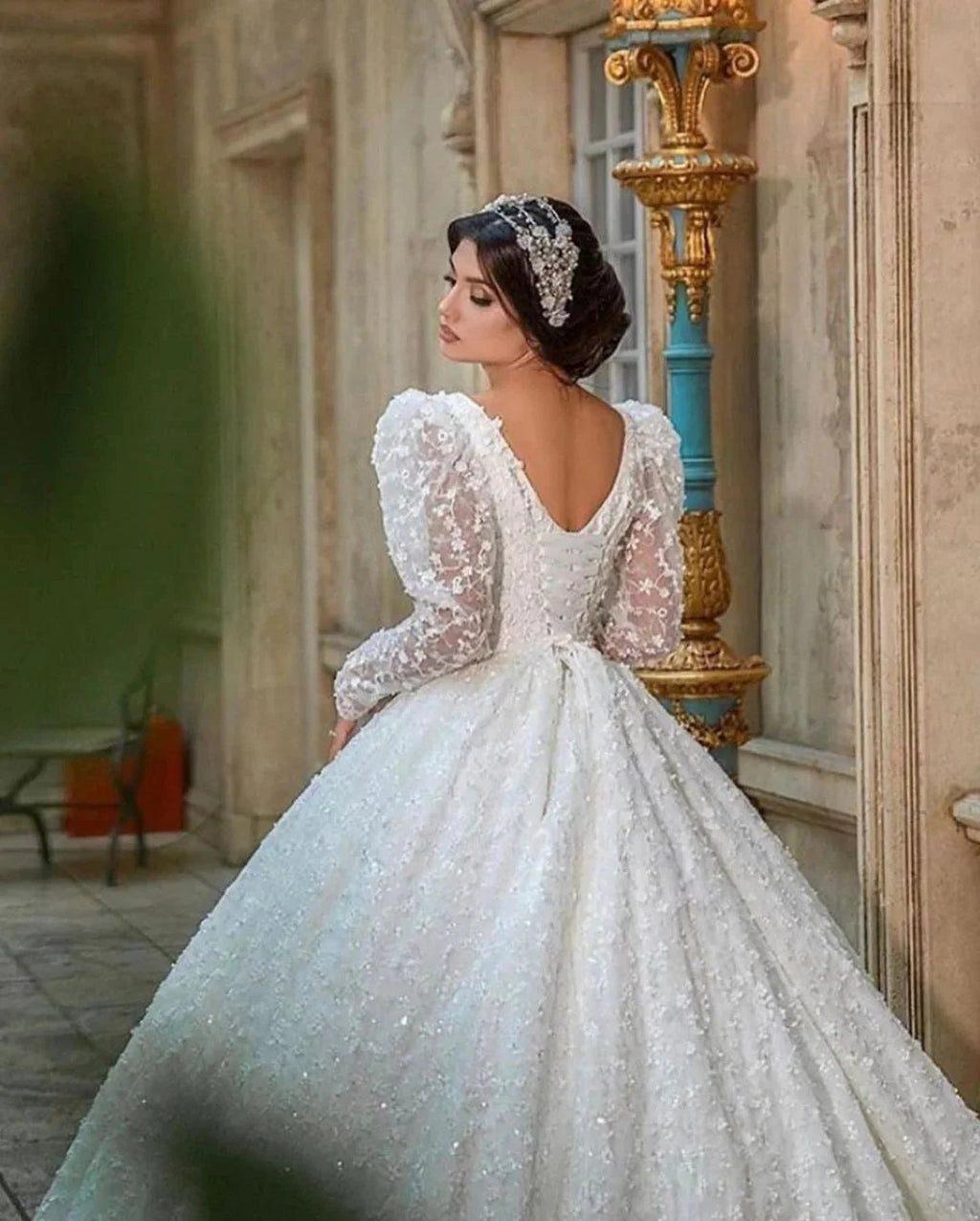 Gorgeous Long A-Line V-neck Appliques Lace Wedding Dress with Sleeves by BIZTUNNEL