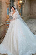 Gorgeous Long A-Line V-neck Appliques Lace Wedding Dress with Sleeves by BIZTUNNEL