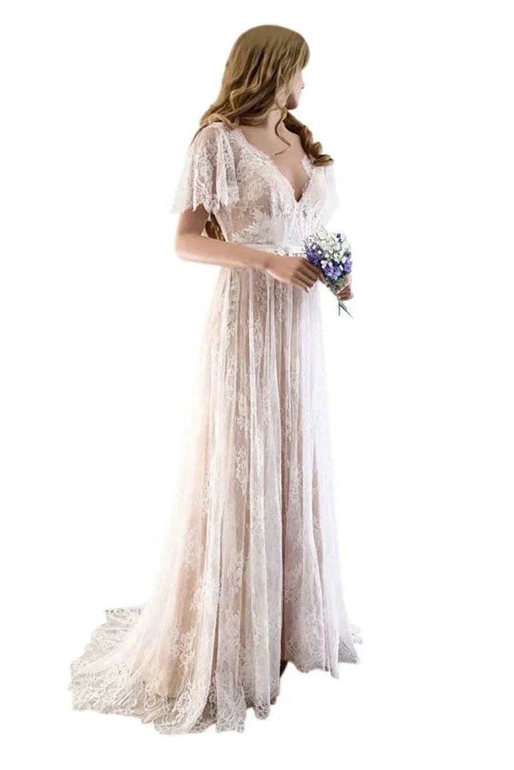 Gorgeous Long A-line V-Neck Lace Wedding Dresses with Cap Sleeves by BIZTUNNEL