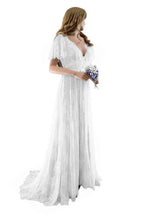 Gorgeous Long A-line V-Neck Lace Wedding Dresses with Cap Sleeves by BIZTUNNEL