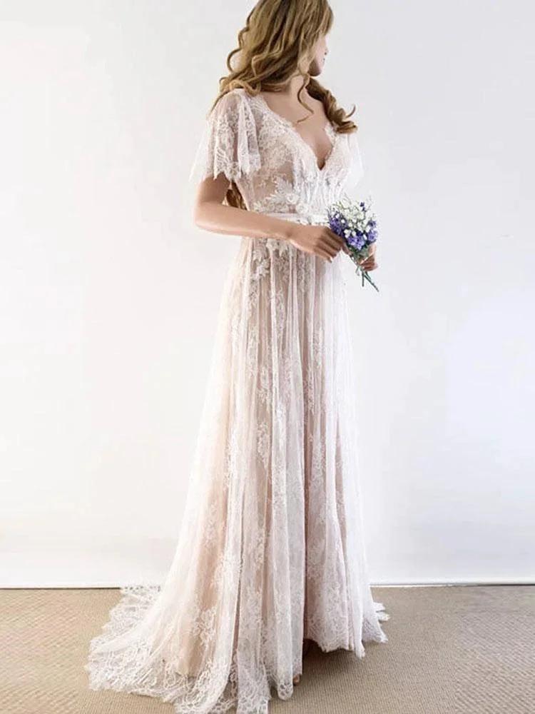 Gorgeous Long A-line V-Neck Lace Wedding Dresses with Cap Sleeves by BIZTUNNEL