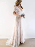 Gorgeous Long A-line V-Neck Lace Wedding Dresses with Cap Sleeves by BIZTUNNEL