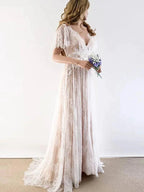 Gorgeous Long A-line V-Neck Lace Wedding Dresses with Cap Sleeves by BIZTUNNEL