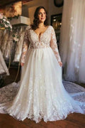 Gorgeous Long A-line V-neck Long Sleeves Lace Wedding Dresses with Train by misshow.com
