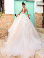 Gorgeous Long A-line V Neck Open Back Tulle Lace Graduation Prom Dresses by BIZTUNNEL