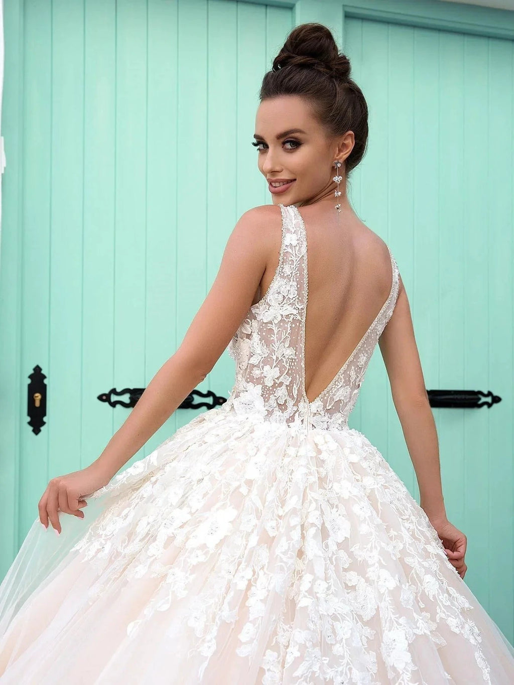 Gorgeous Long A-line V Neck Open Back Tulle Lace Graduation Prom Dresses by BIZTUNNEL