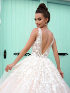 Gorgeous Long A-line V Neck Open Back Tulle Lace Graduation Prom Dresses by BIZTUNNEL