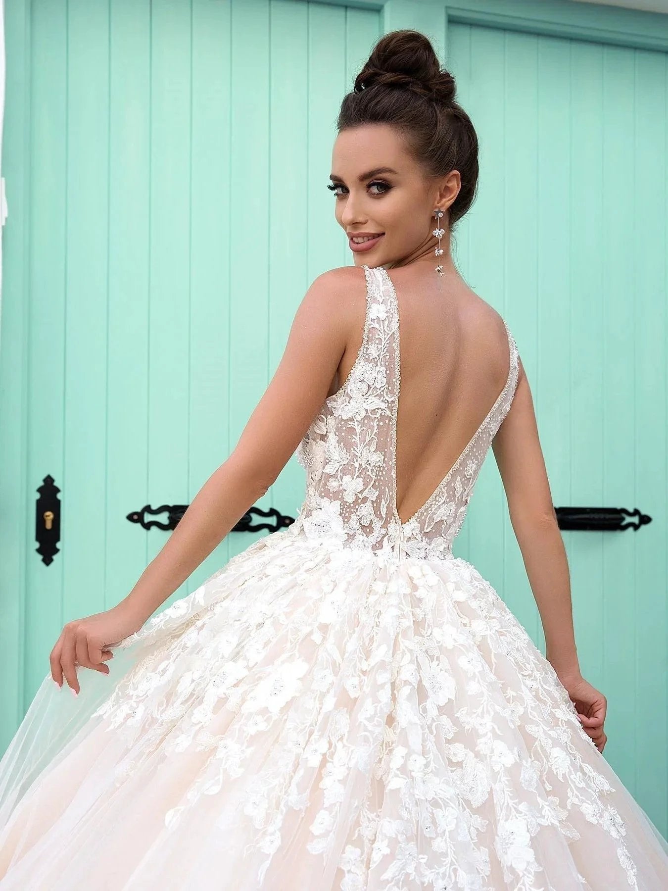 Gorgeous Long A-line V Neck Open Back Tulle Lace Graduation Prom Dresses by BIZTUNNEL