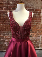 Gorgeous Long A-line V Neck Satin Graduation Prom Dresses with Beadings by BIZTUNNEL