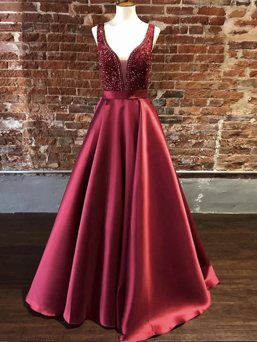 Gorgeous Long A-line V Neck Satin Graduation Prom Dresses with Beadings by BIZTUNNEL