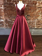 Gorgeous Long A-line V Neck Satin Graduation Prom Dresses with Beadings by BIZTUNNEL