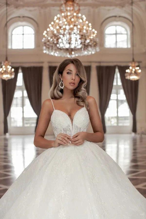 Gorgeous Long A-line V-neck Sleeveless Princess Wedding Dresses With Lace by misshow.com