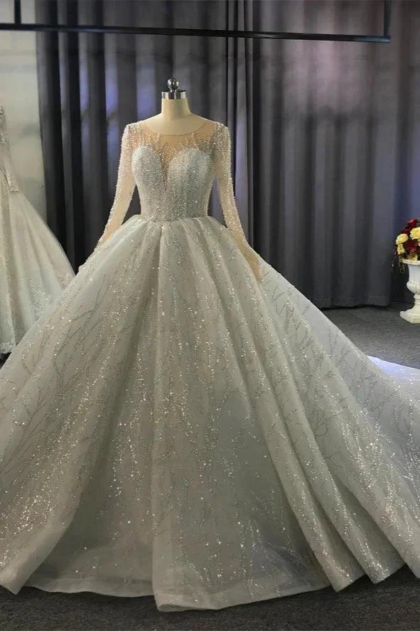 Gorgeous Long Ball Gown Bateau Crystal Wedding Dress with Sleeves by BIZTUNNEL