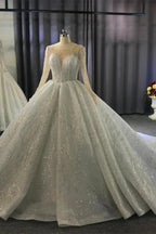 Gorgeous Long Ball Gown Bateau Crystal Wedding Dress with Sleeves by BIZTUNNEL