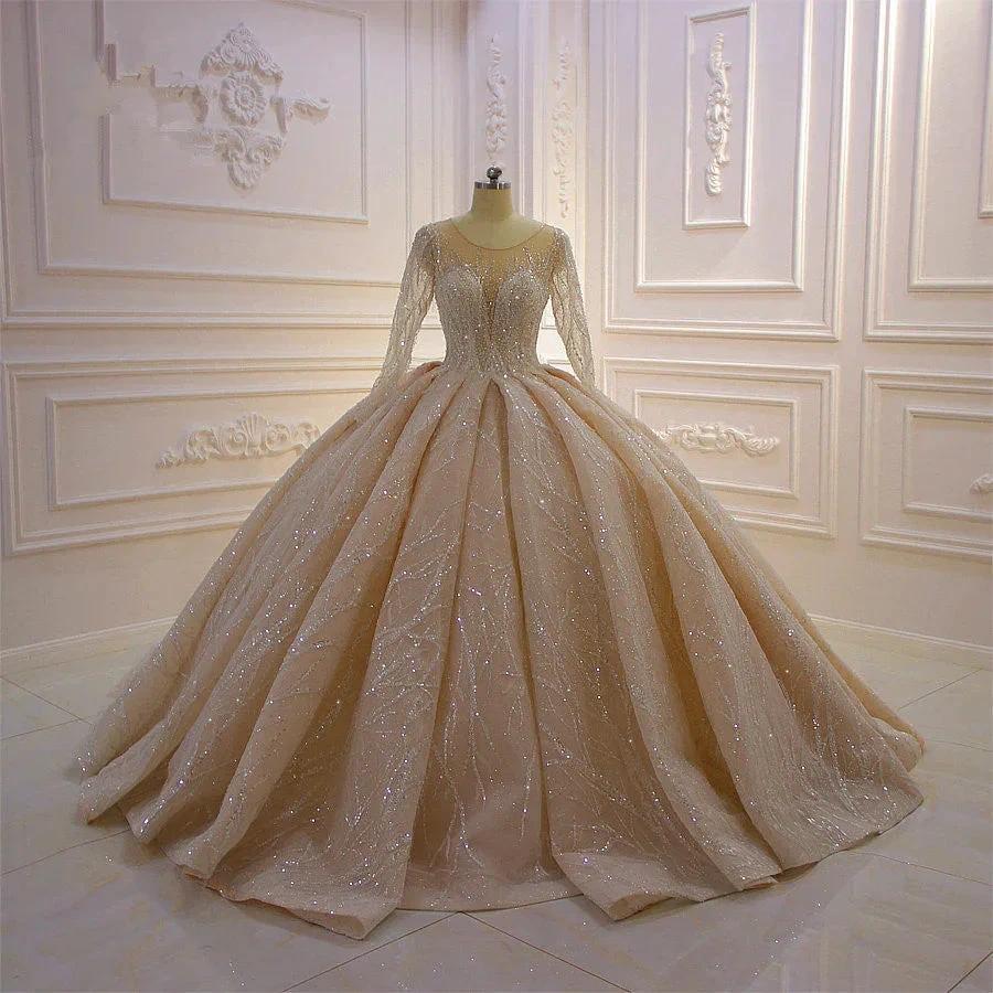 Gorgeous Long Ball Gown Bateau Crystal Wedding Dress with Sleeves by BIZTUNNEL