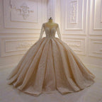 Gorgeous Long Ball Gown Bateau Crystal Wedding Dress with Sleeves by BIZTUNNEL