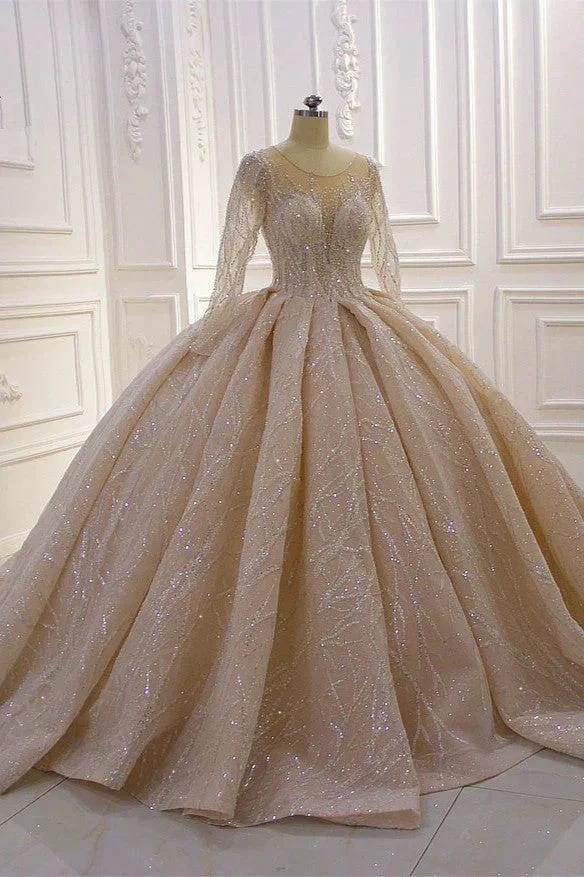 Gorgeous Long Ball Gown Bateau Crystal Wedding Dress with Sleeves by BIZTUNNEL