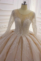 Gorgeous Long Ball Gown Bateau Crystal Wedding Dress with Sleeves by BIZTUNNEL