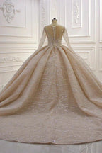 Gorgeous Long Ball Gown Bateau Crystal Wedding Dress with Sleeves by BIZTUNNEL