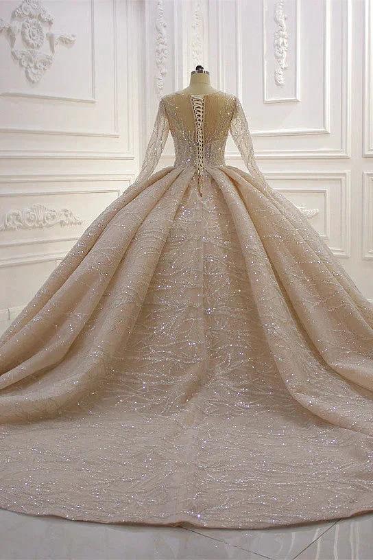 Gorgeous Long Ball Gown Bateau Crystal Wedding Dress with Sleeves by BIZTUNNEL