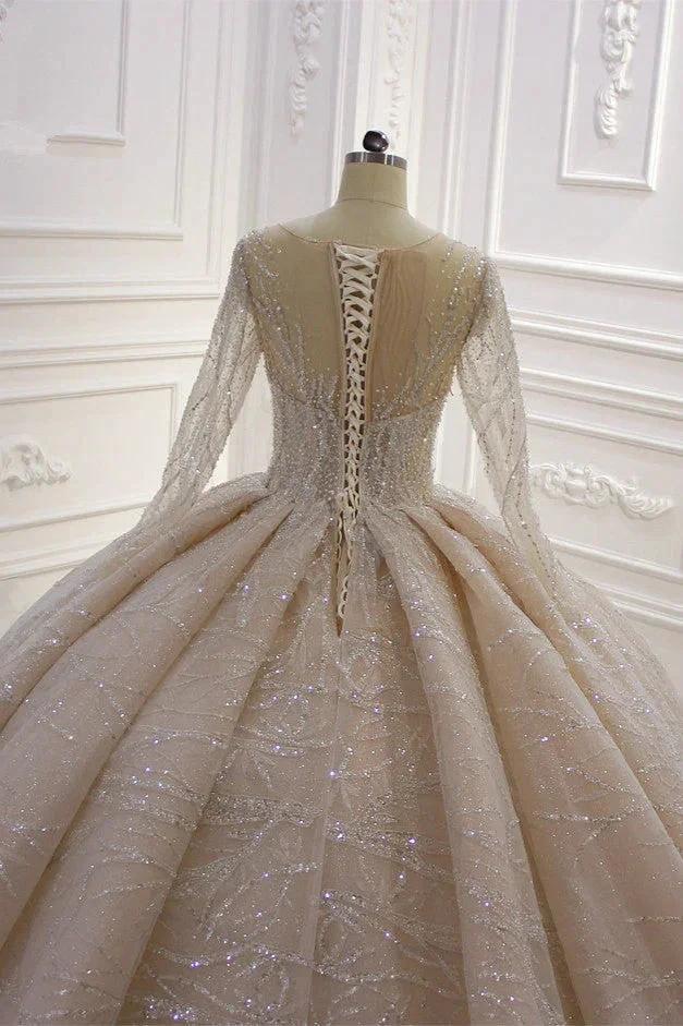 Gorgeous Long Ball Gown Bateau Crystal Wedding Dress with Sleeves by BIZTUNNEL